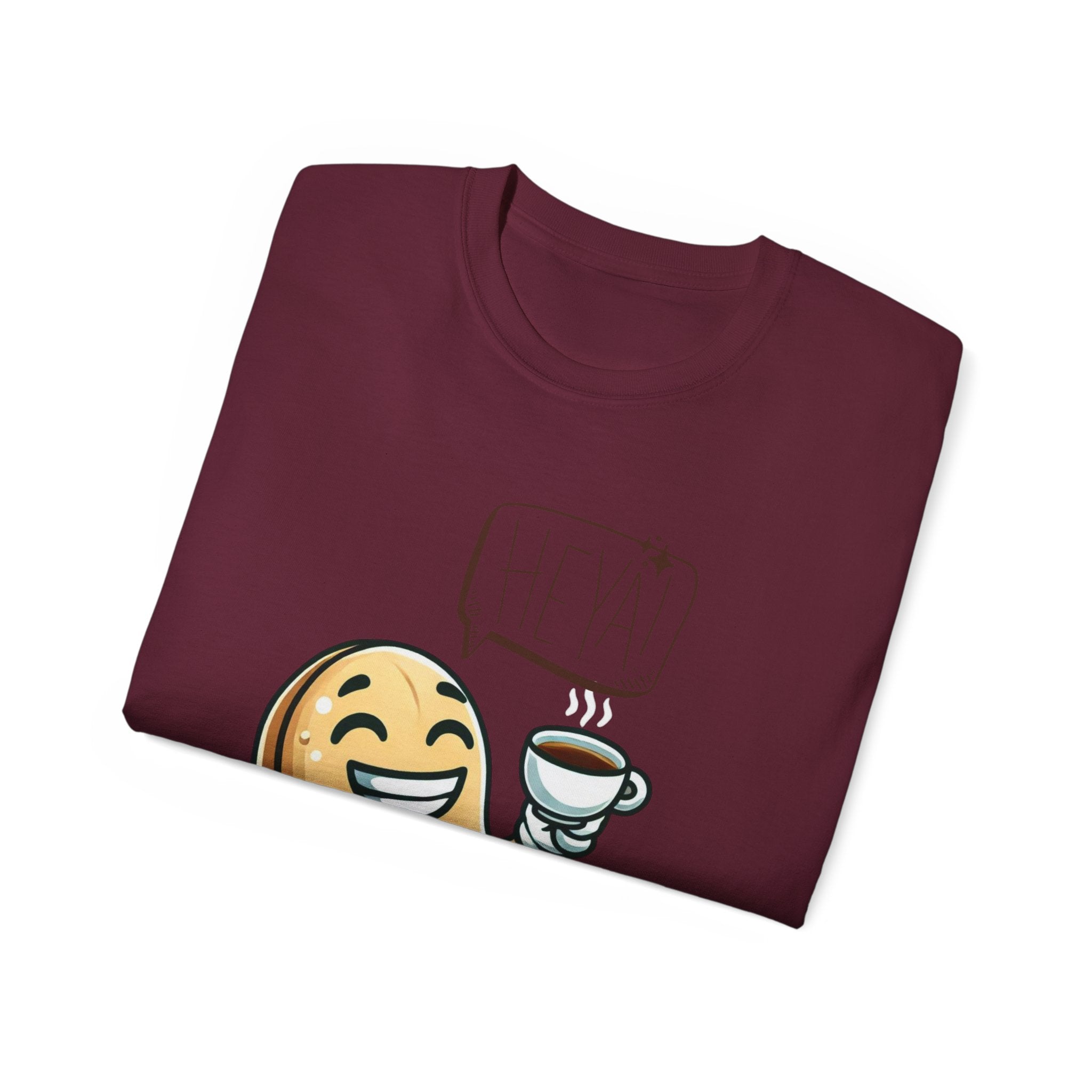 Coffee Bean Cartoon Tee — "Heya!" Cute Morning Coffee T-Shirt