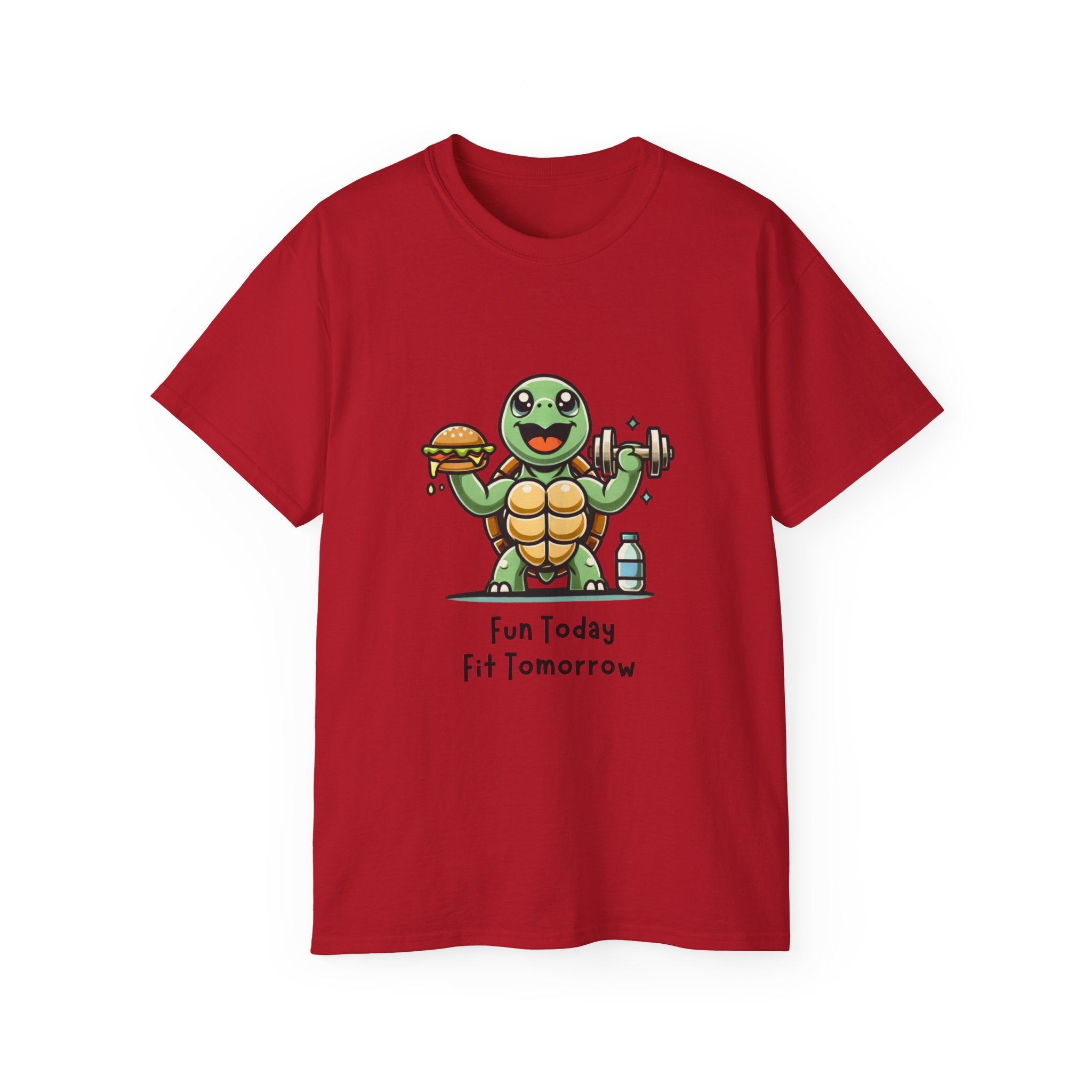 Turtle Fitness Tee — "Fun Today, Fit Tomorrow" Cute Workout Graphic Shirt