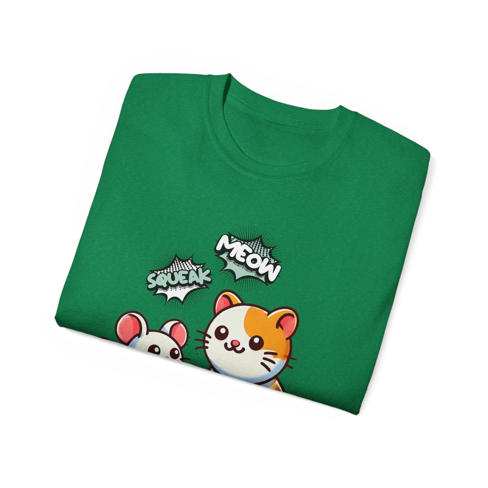 Cute Cat & Mouse Graphic Tee – 'Meow' Cartoon Pet Shirt