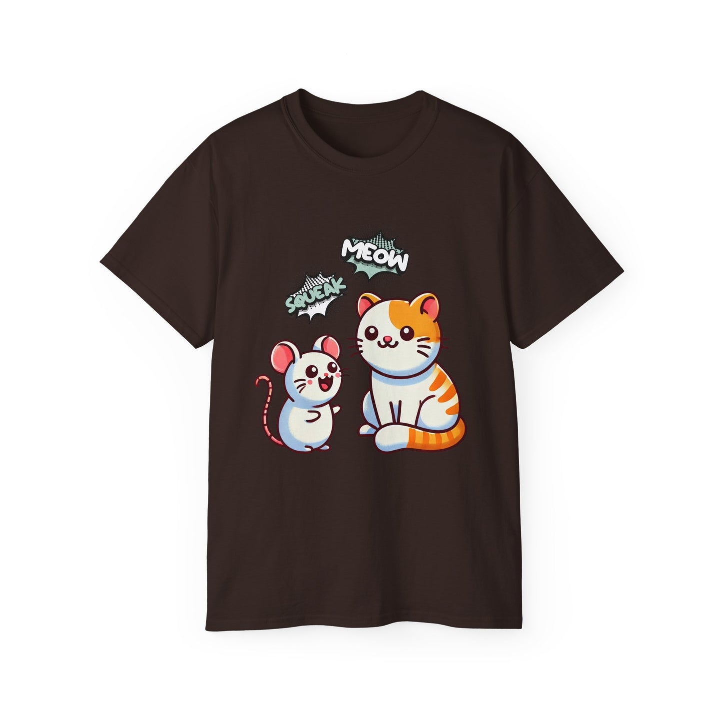 Cute Cat & Mouse Graphic Tee – 'Meow' Cartoon Pet Shirt