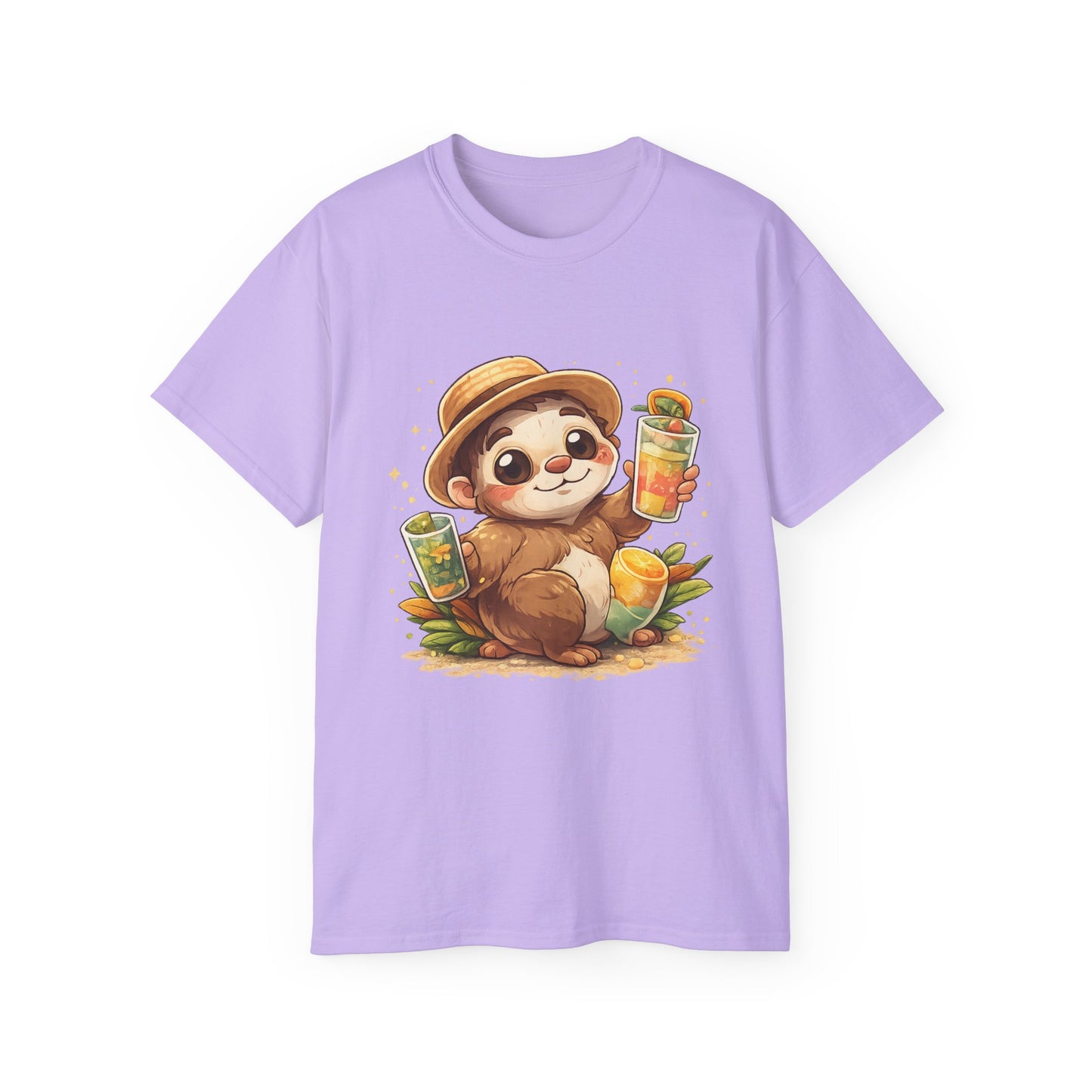 Cute Sloth Summer Tee — Sloth with Bubble Tea & Citrus Illustration Shirt