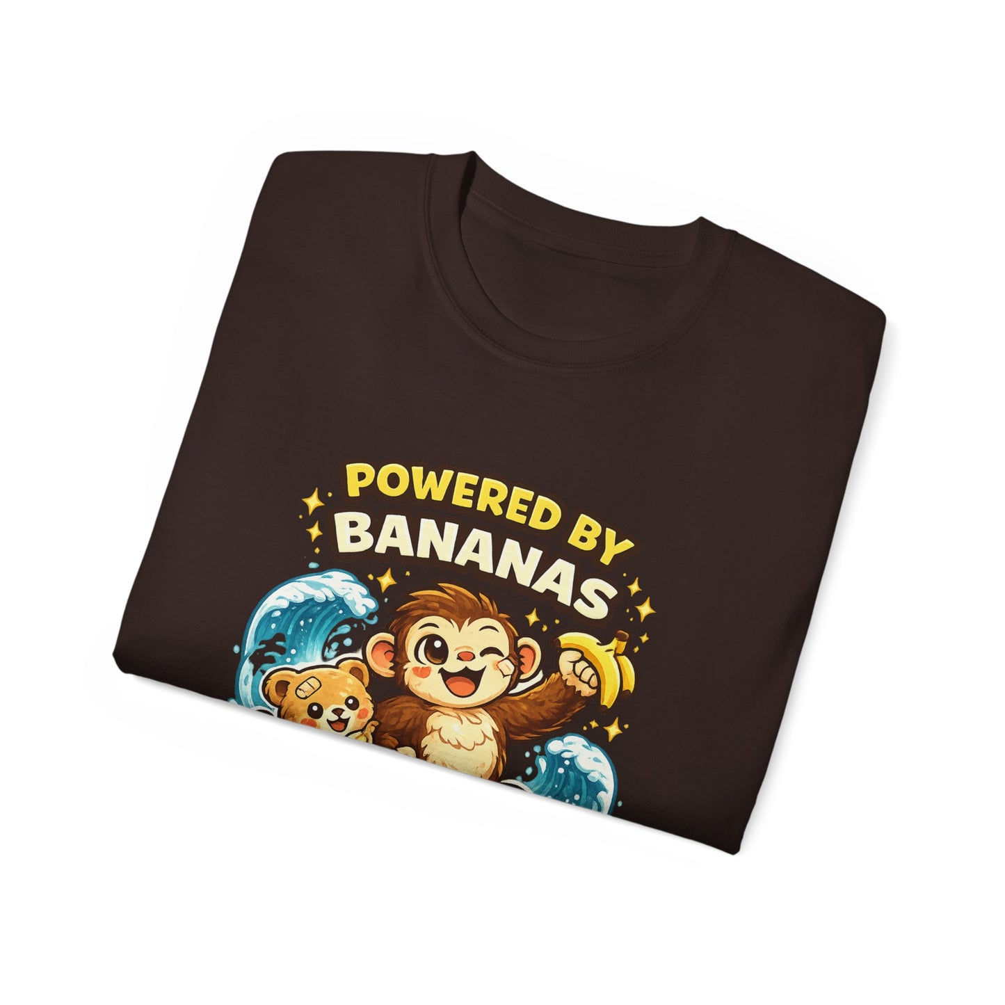 Powered by Bananas Tee — Cute Surfing Monkey & Teddy Graphic Shirt