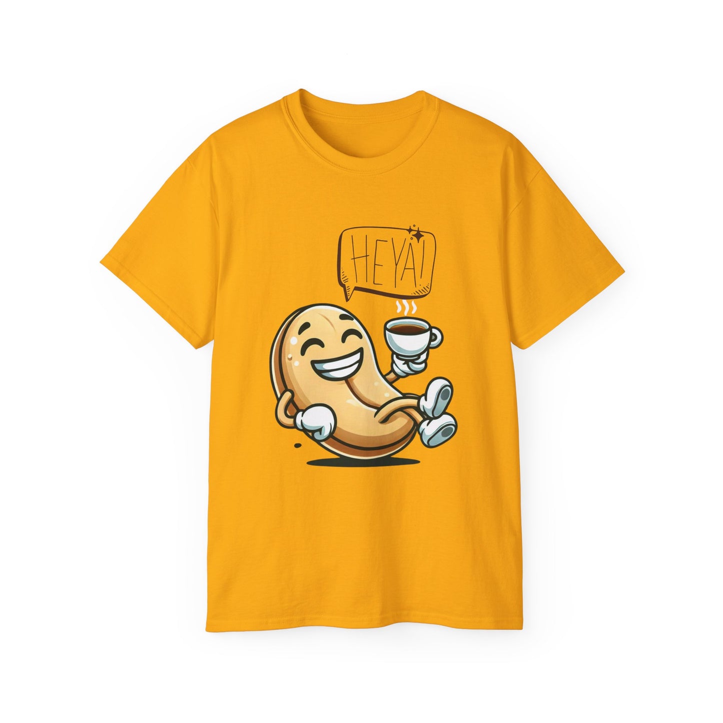 Coffee Bean Cartoon Tee — "Heya!" Cute Morning Coffee T-Shirt
