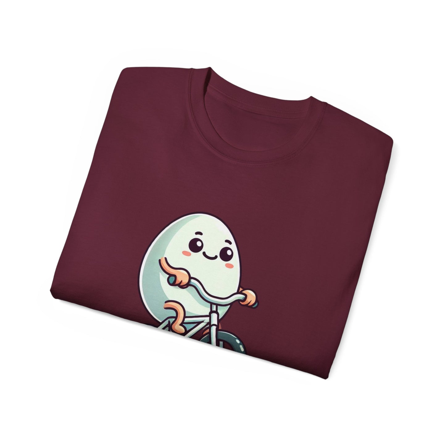 Eggs-cuse Me! Cute Egg Riding Bike T-Shirt — Funny Bicycle Cartoon Tee