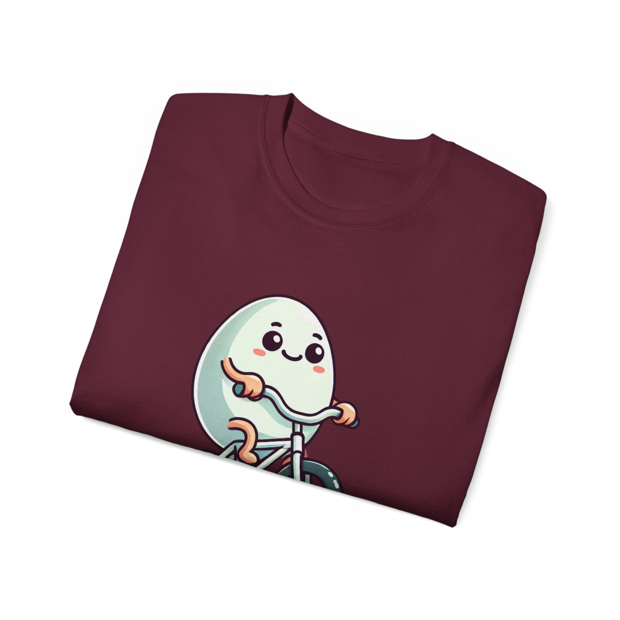Eggs-cuse Me! Cute Egg Riding Bike T-Shirt — Funny Bicycle Cartoon Tee