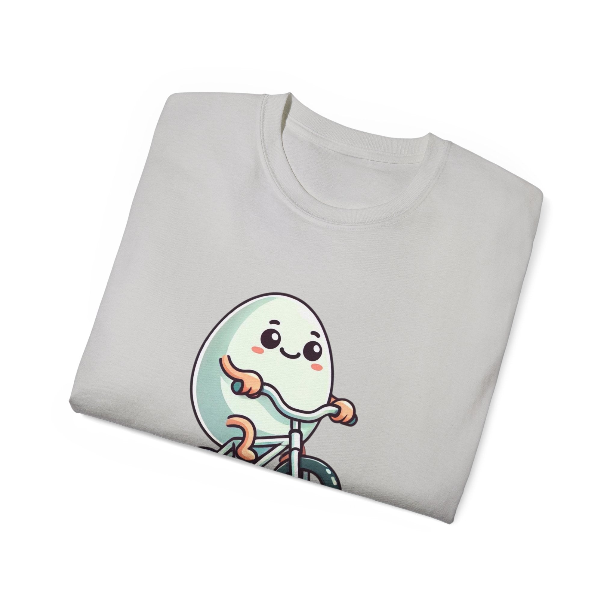 Eggs-cuse Me! Cute Egg Riding Bike T-Shirt — Funny Bicycle Cartoon Tee