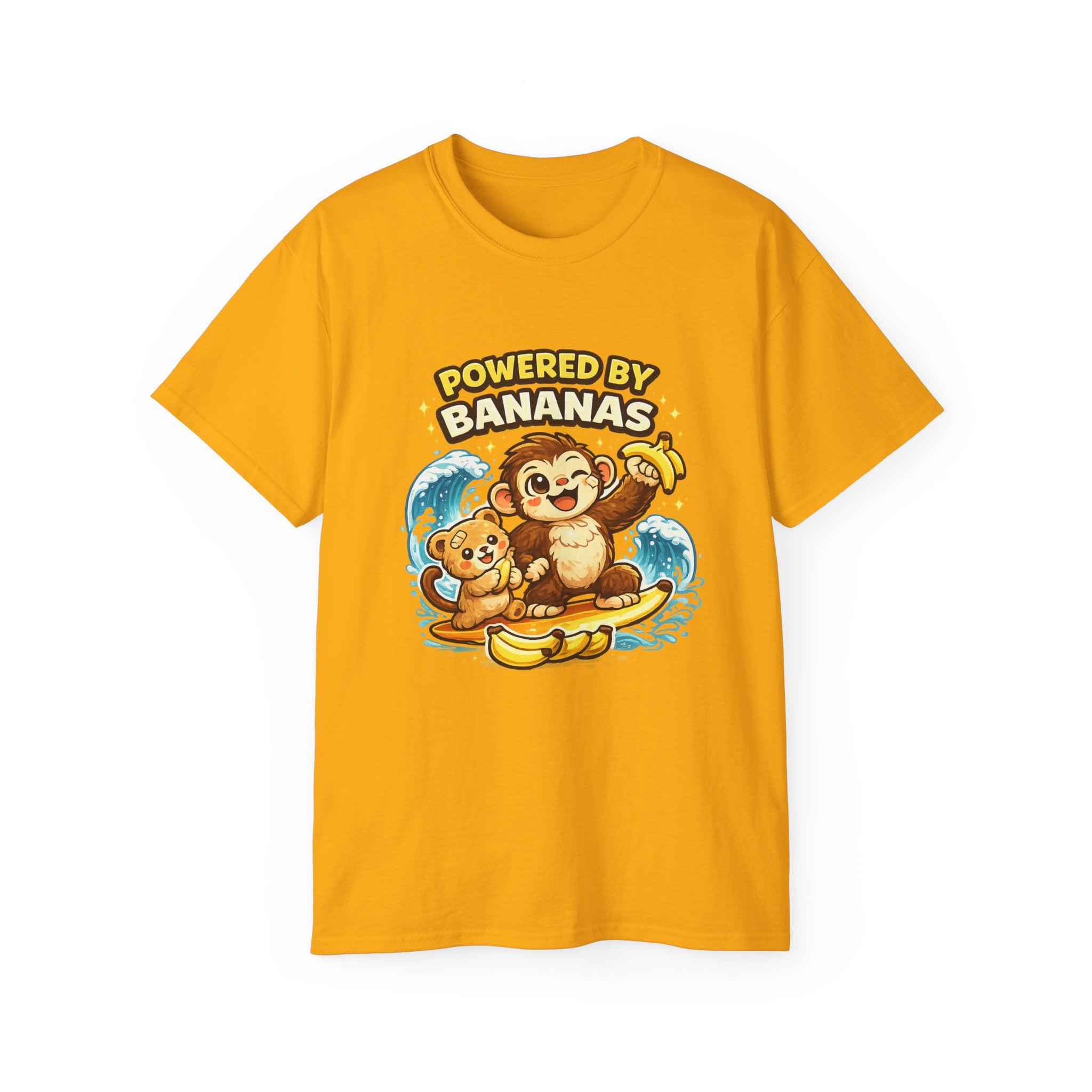 Powered by Bananas Tee — Cute Surfing Monkey & Teddy Graphic Shirt