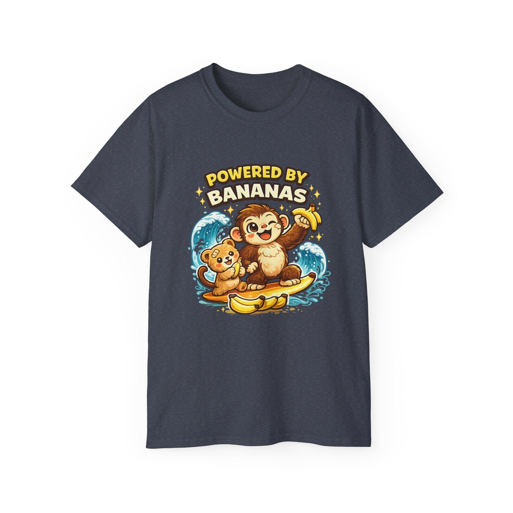 Powered by Bananas Tee — Cute Surfing Monkey & Teddy Graphic Shirt