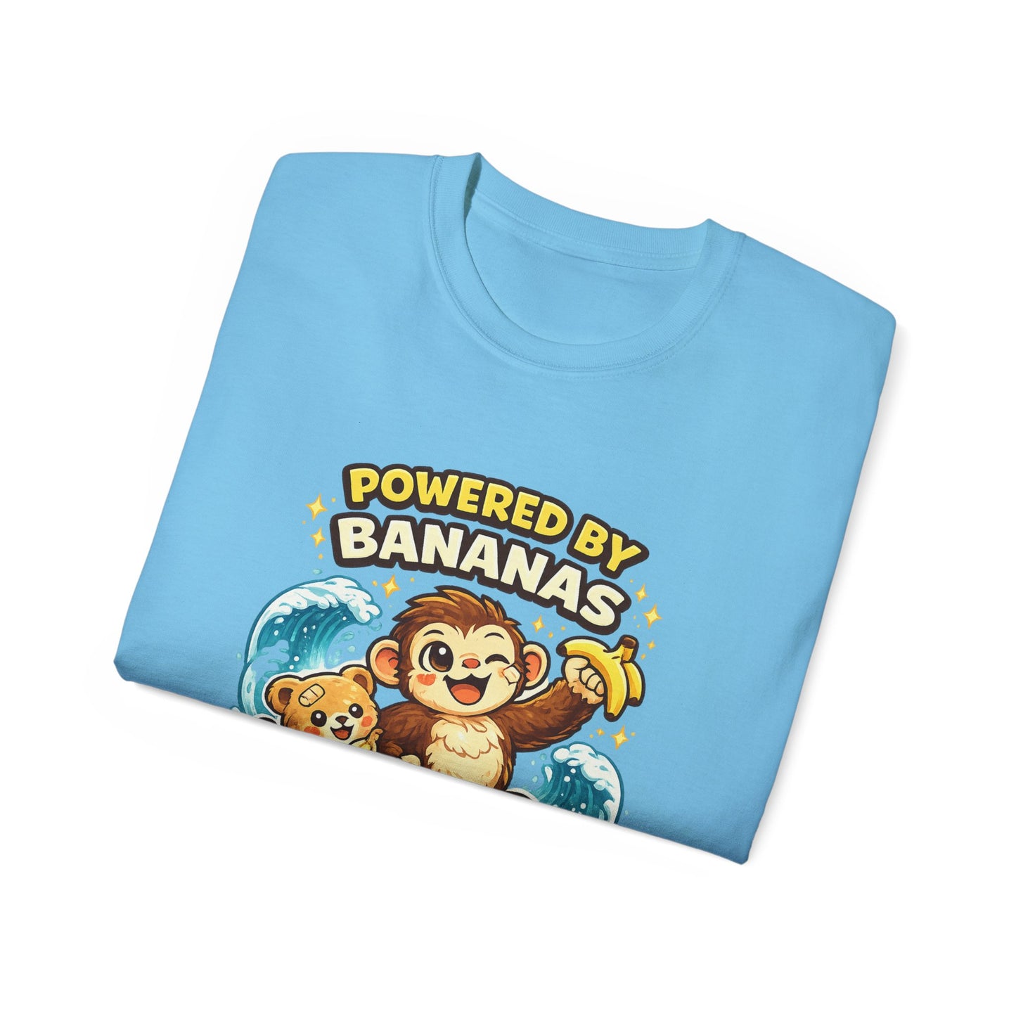 Powered by Bananas Tee — Cute Surfing Monkey & Teddy Graphic Shirt