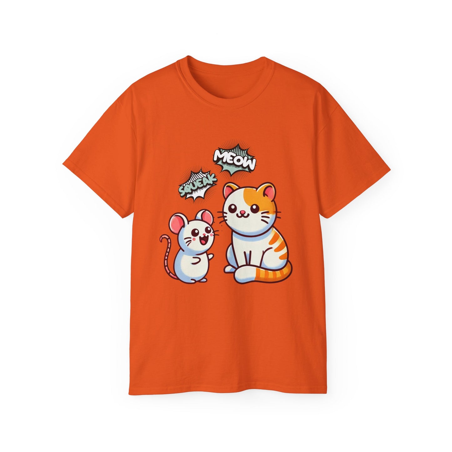 Cute Cat & Mouse Graphic Tee – 'Meow' Cartoon Pet Shirt
