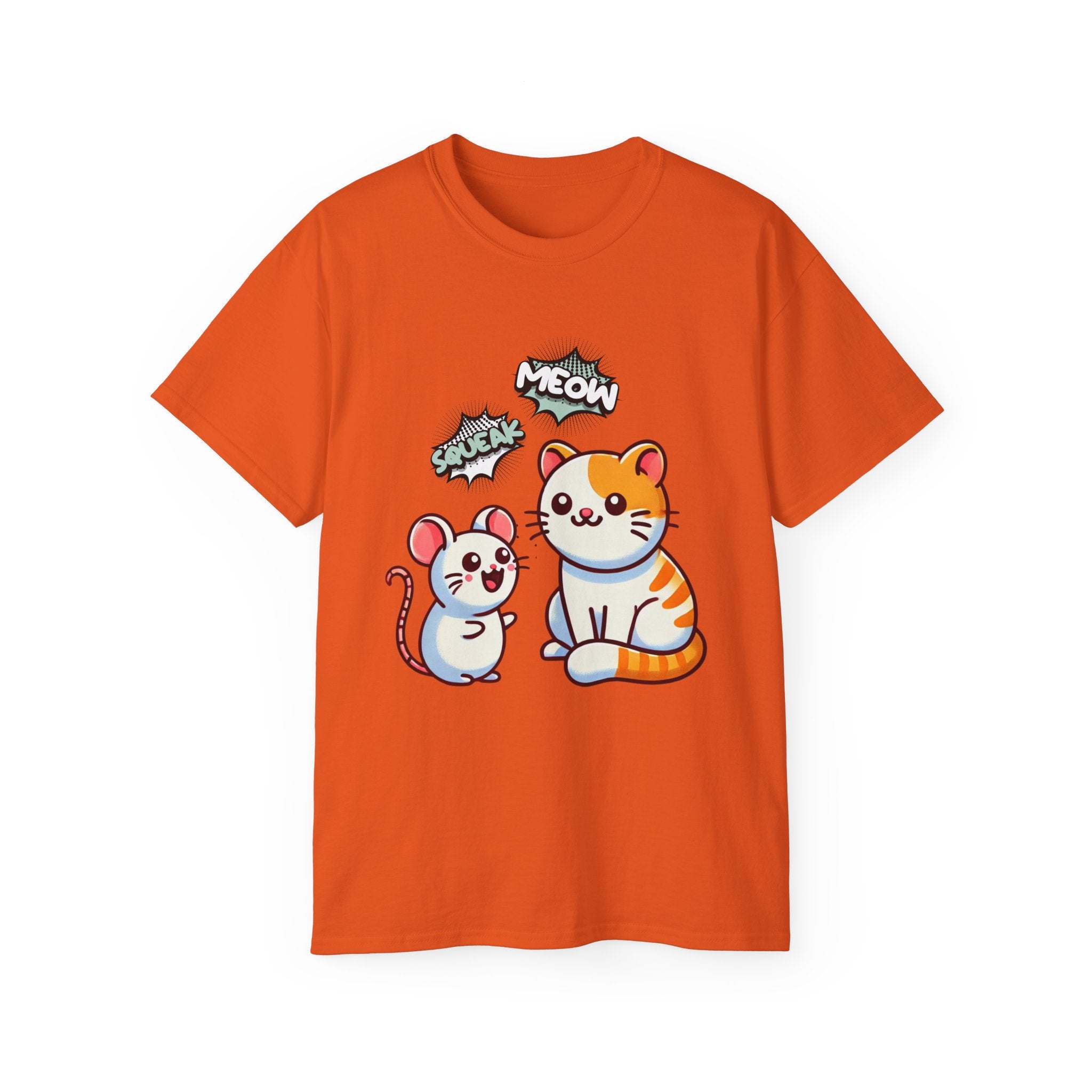 Cute Cat & Mouse Graphic Tee – 'Meow' Cartoon Pet Shirt