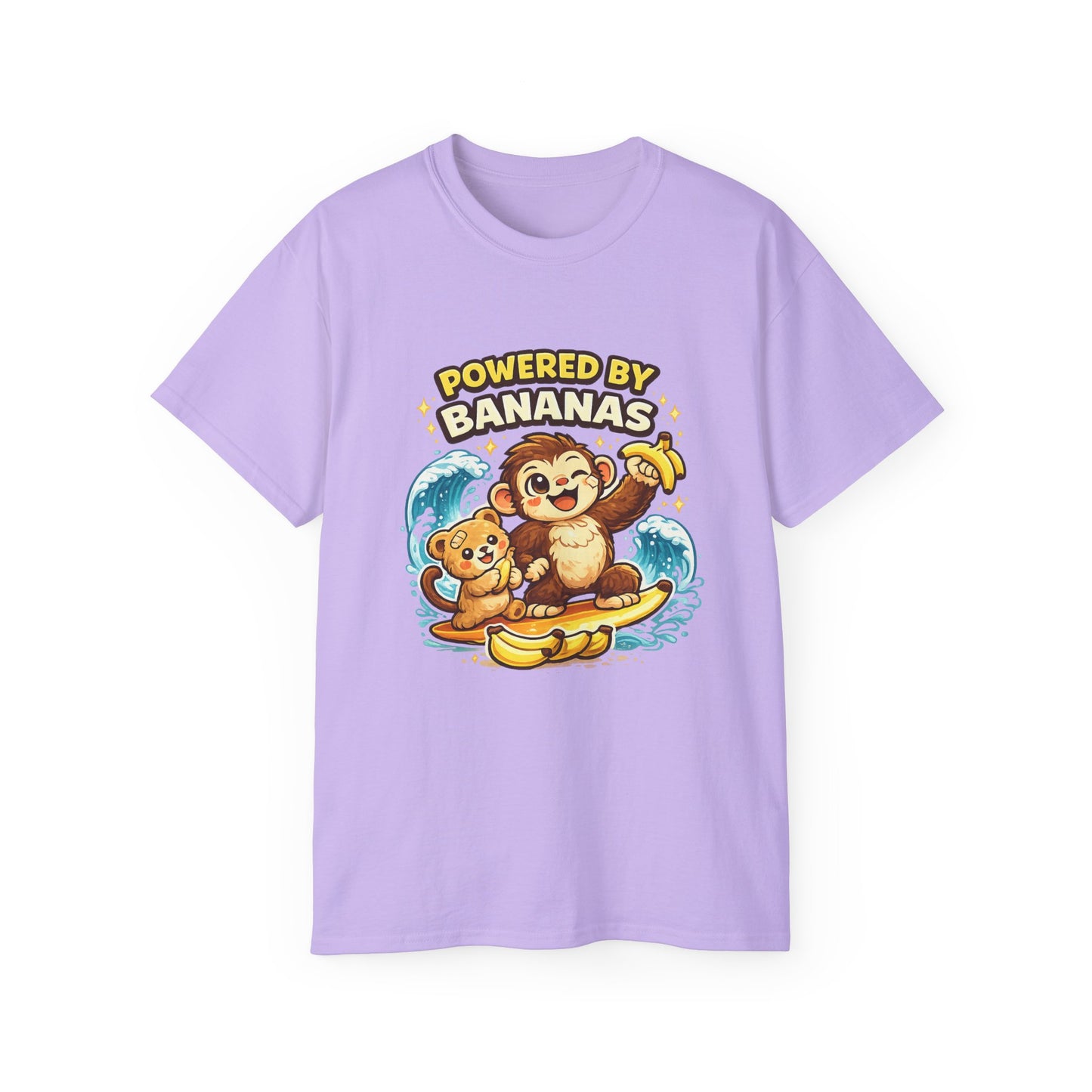 Powered by Bananas Tee — Cute Surfing Monkey & Teddy Graphic Shirt