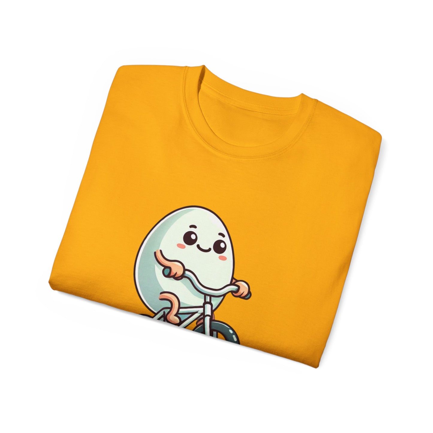 Eggs-cuse Me! Cute Egg Riding Bike T-Shirt — Funny Bicycle Cartoon Tee