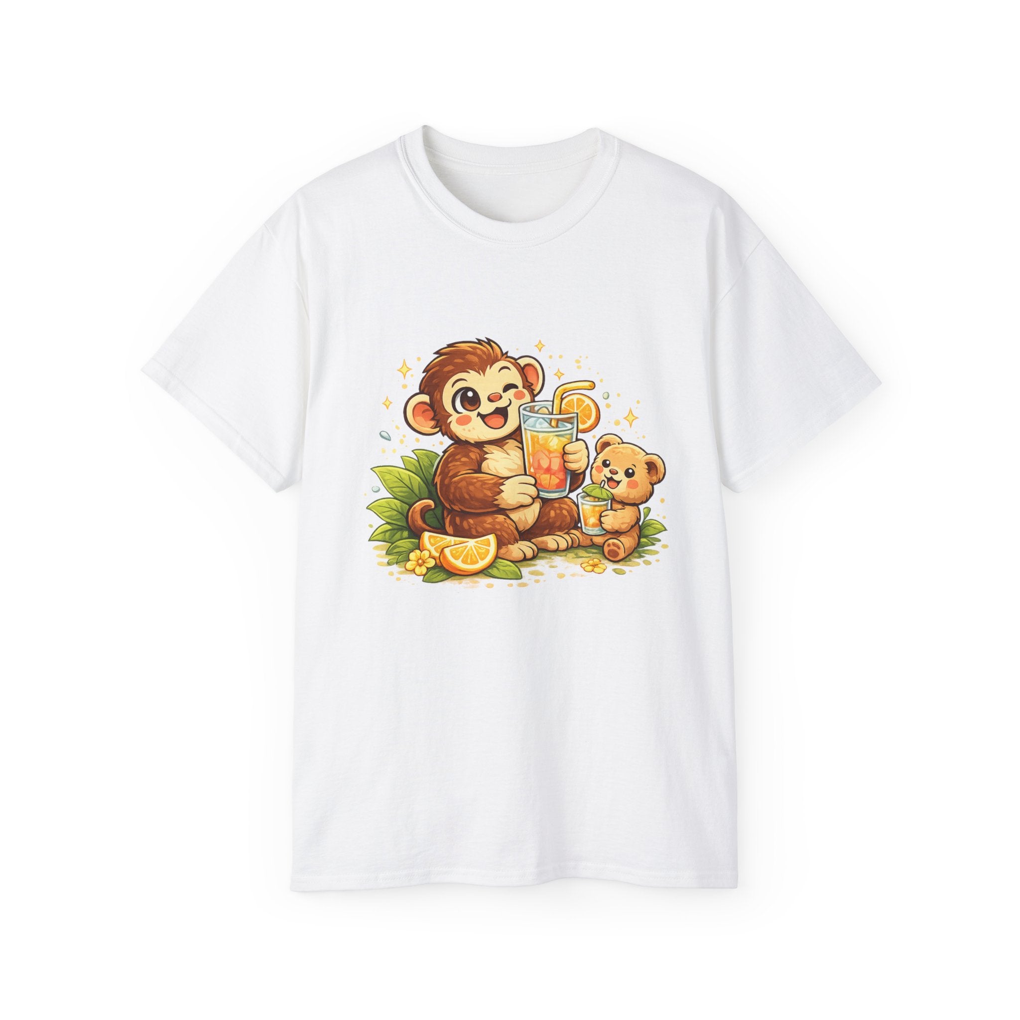 Cute Monkey & Puppy Orange Juice T-Shirt — Playful Tropical Animal Tee