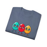 Cute Easter Egg Trio T‑Shirt — Colorful Cartoon Eggs Graphic Tee
