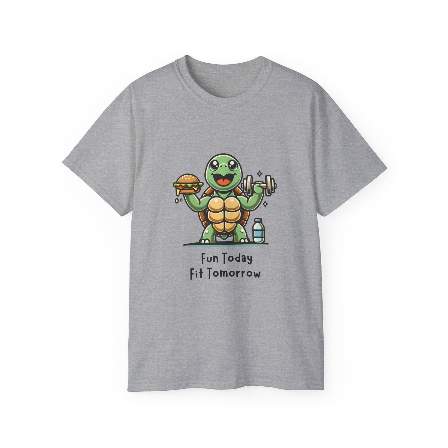 Turtle Fitness Tee — "Fun Today, Fit Tomorrow" Cute Workout Graphic Shirt