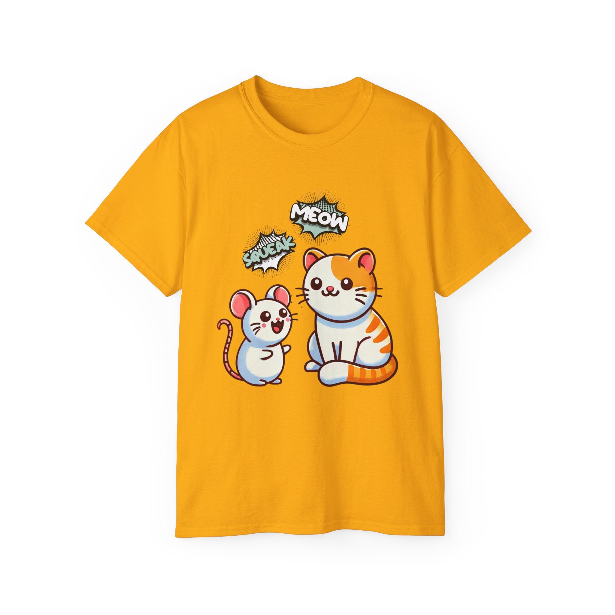 Cute Cat & Mouse Graphic Tee – 'Meow' Cartoon Pet Shirt