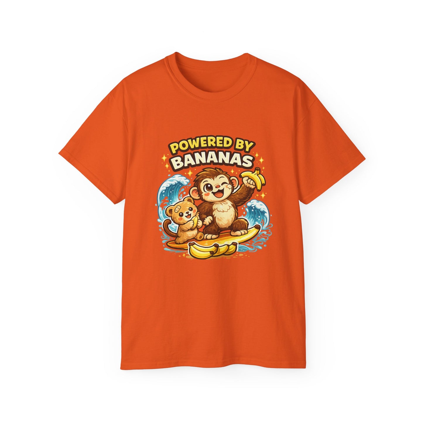 Powered by Bananas Tee — Cute Surfing Monkey & Teddy Graphic Shirt