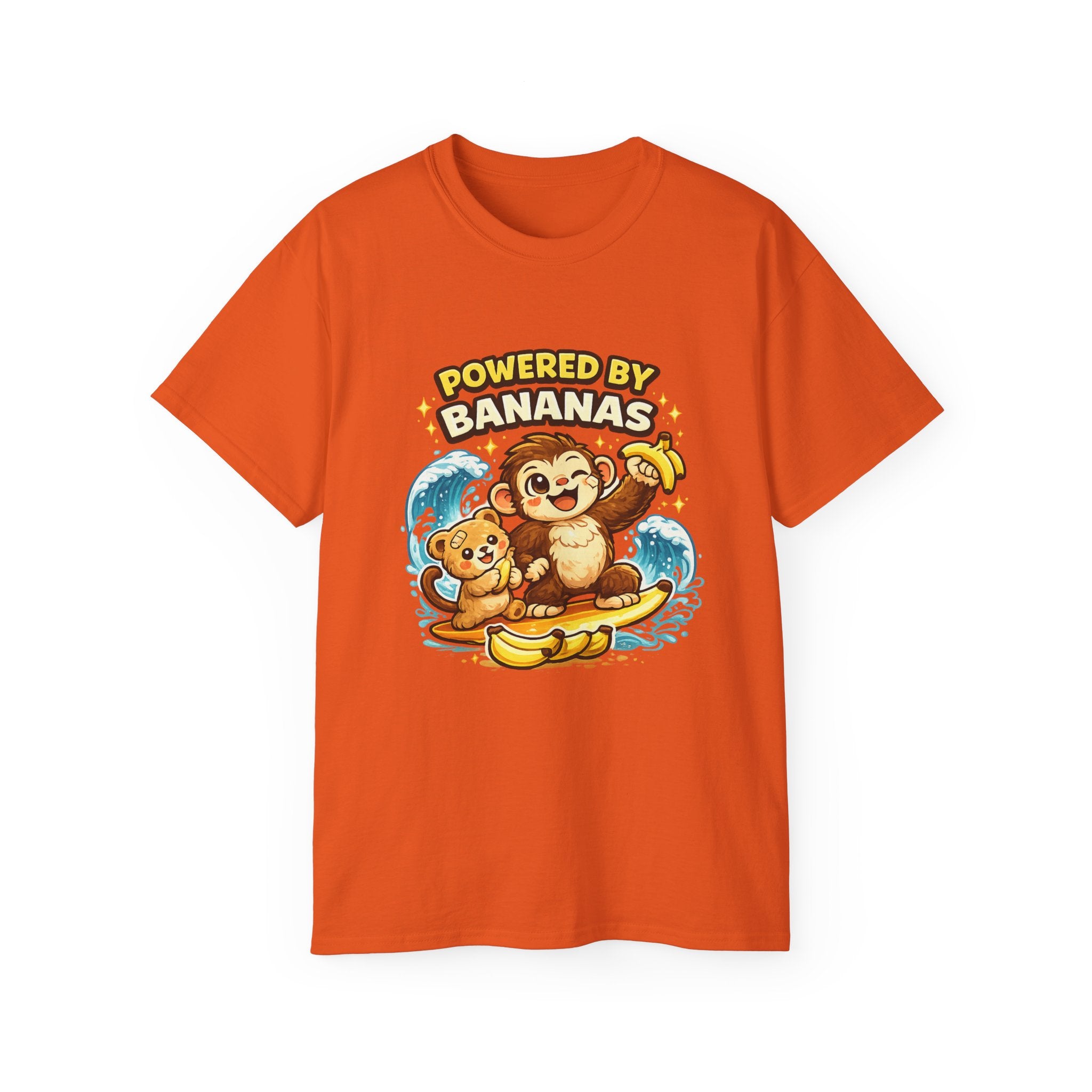 Powered by Bananas Tee — Cute Surfing Monkey & Teddy Graphic Shirt