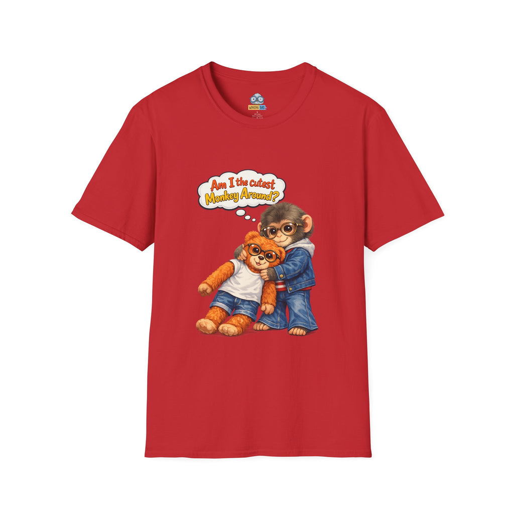 Monkey Hug T‑Shirt – Cute Chimp with Teddy Illustration Saying “Am I the cutest monkey around?”