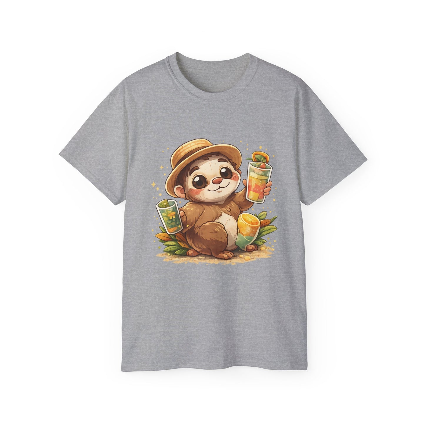 Cute Sloth Summer Tee — Sloth with Bubble Tea & Citrus Illustration Shirt