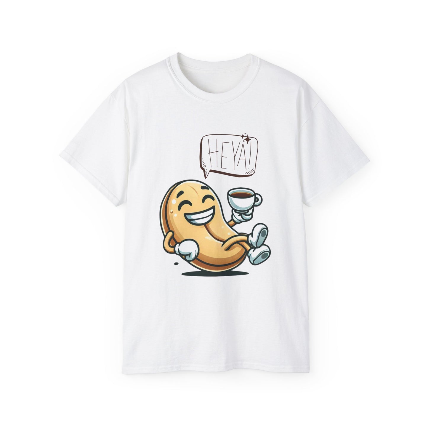 Coffee Bean Cartoon Tee — "Heya!" Cute Morning Coffee T-Shirt
