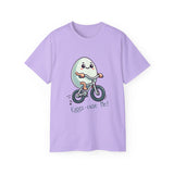 Eggs-cuse Me! Cute Egg Riding Bike T-Shirt — Funny Bicycle Cartoon Tee