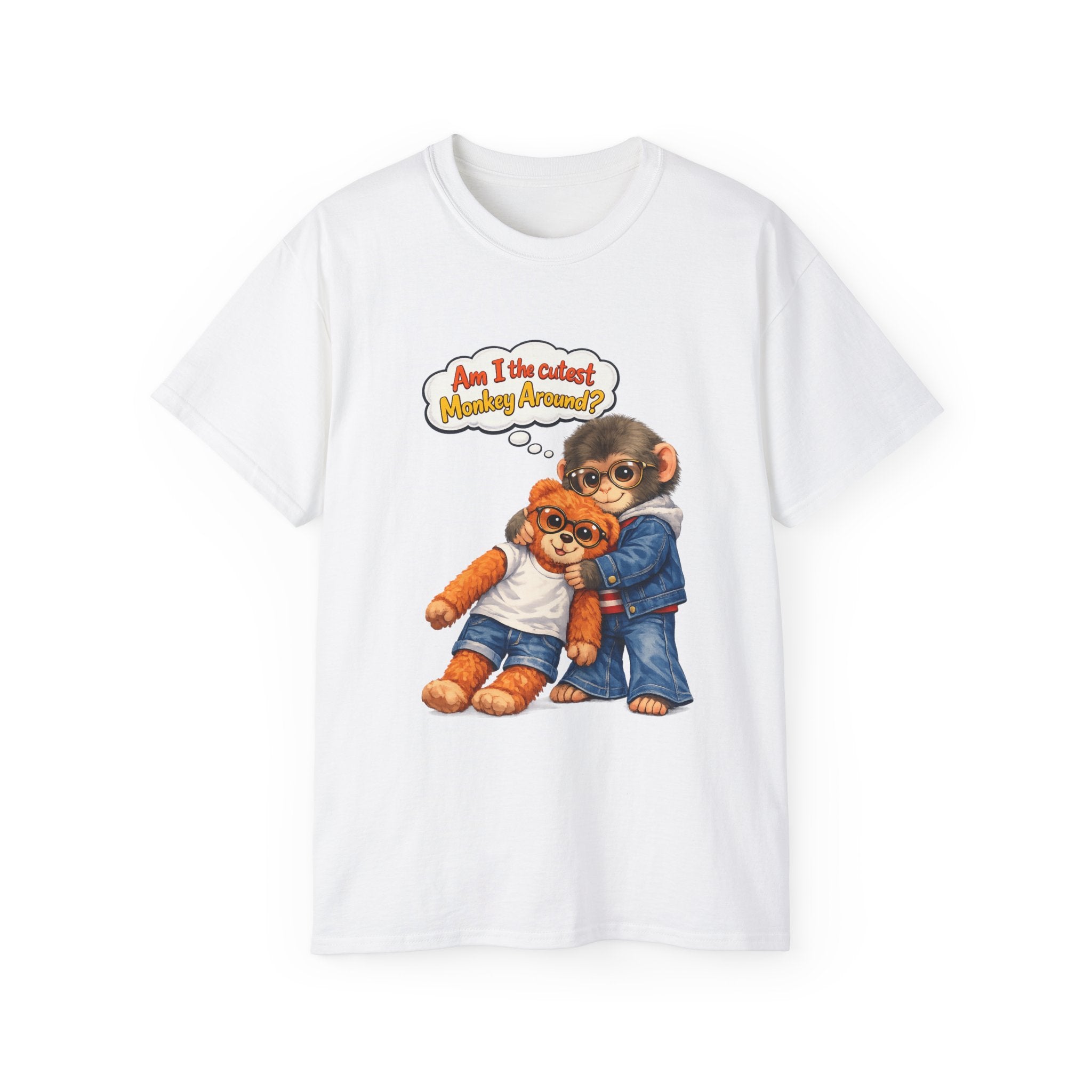T-Shirt — 'Am I the Cutest Monkey Around?' Cute Monkey & Teddy Graphic Tee