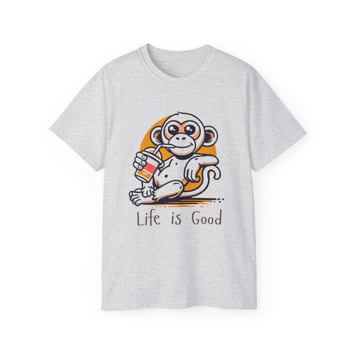 Life Is Good Monkey T‑Shirt — Cute Cartoon Monkey Drinking Juice Tee