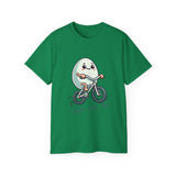 Eggs-cuse Me! Cute Egg Riding Bike T-Shirt — Funny Bicycle Cartoon Tee