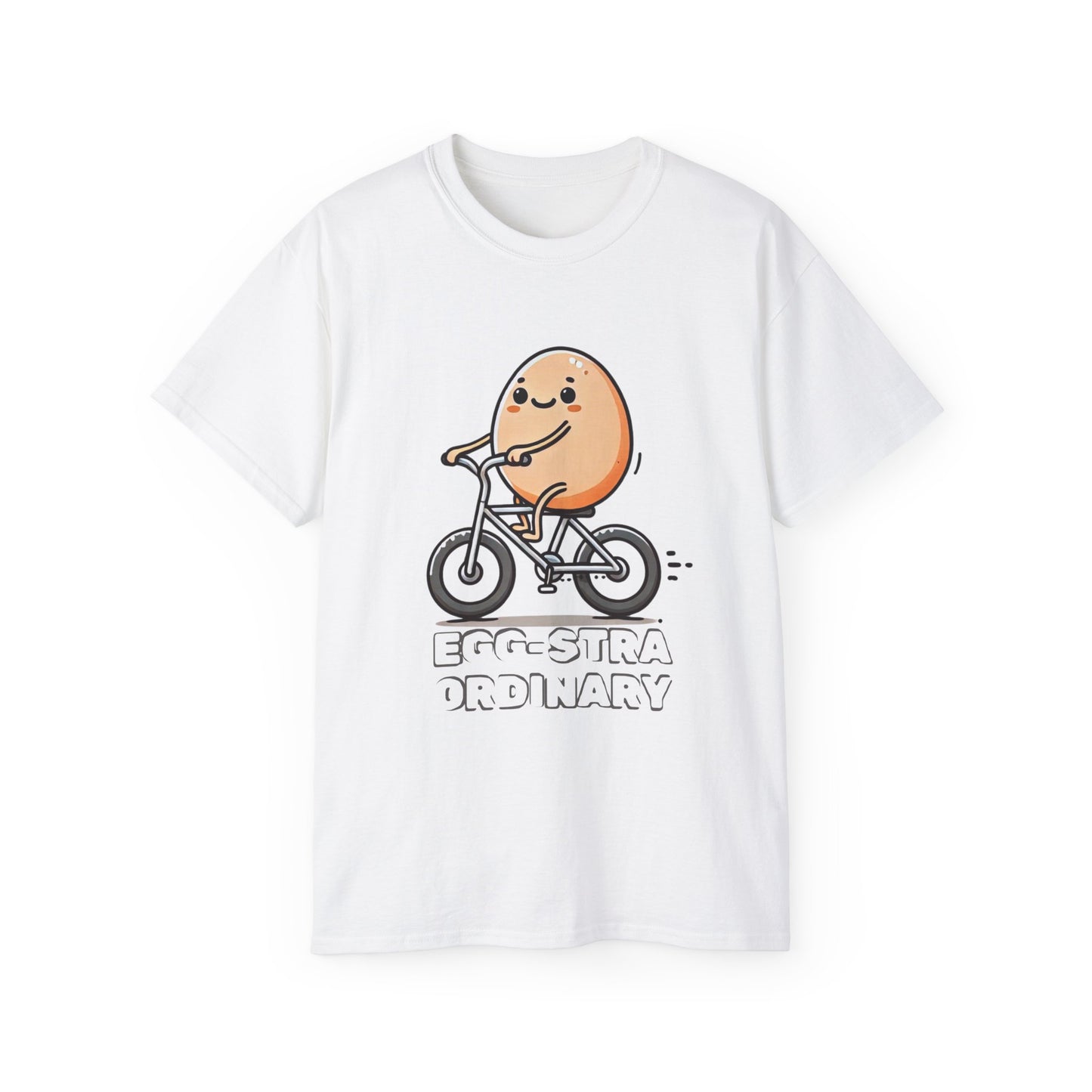 Cute Egg on Bike T-Shirt — “Eggs-tra Ordinary” Funny Cycling Tee