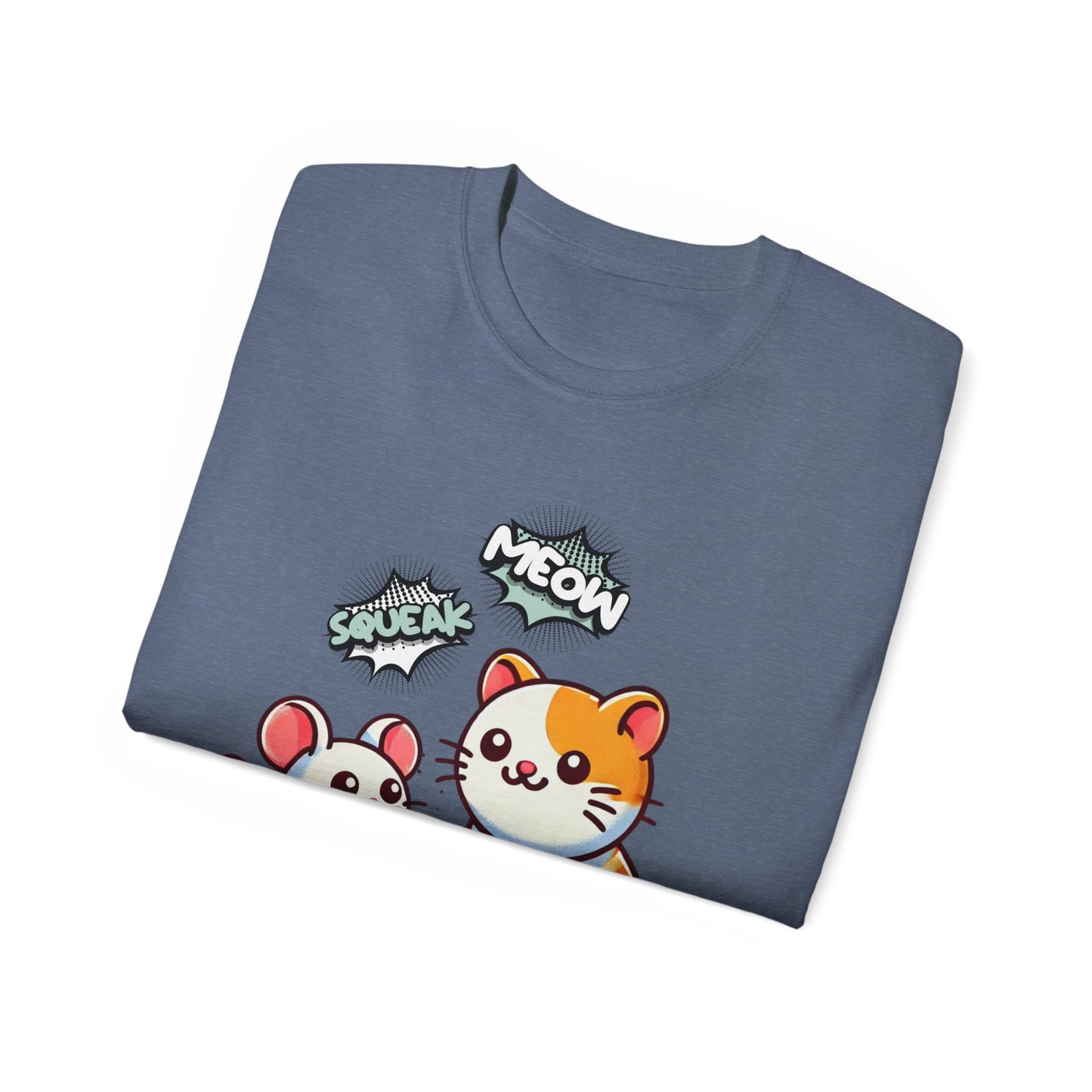 Cute Cat & Mouse Graphic Tee – 'Meow' Cartoon Pet Shirt