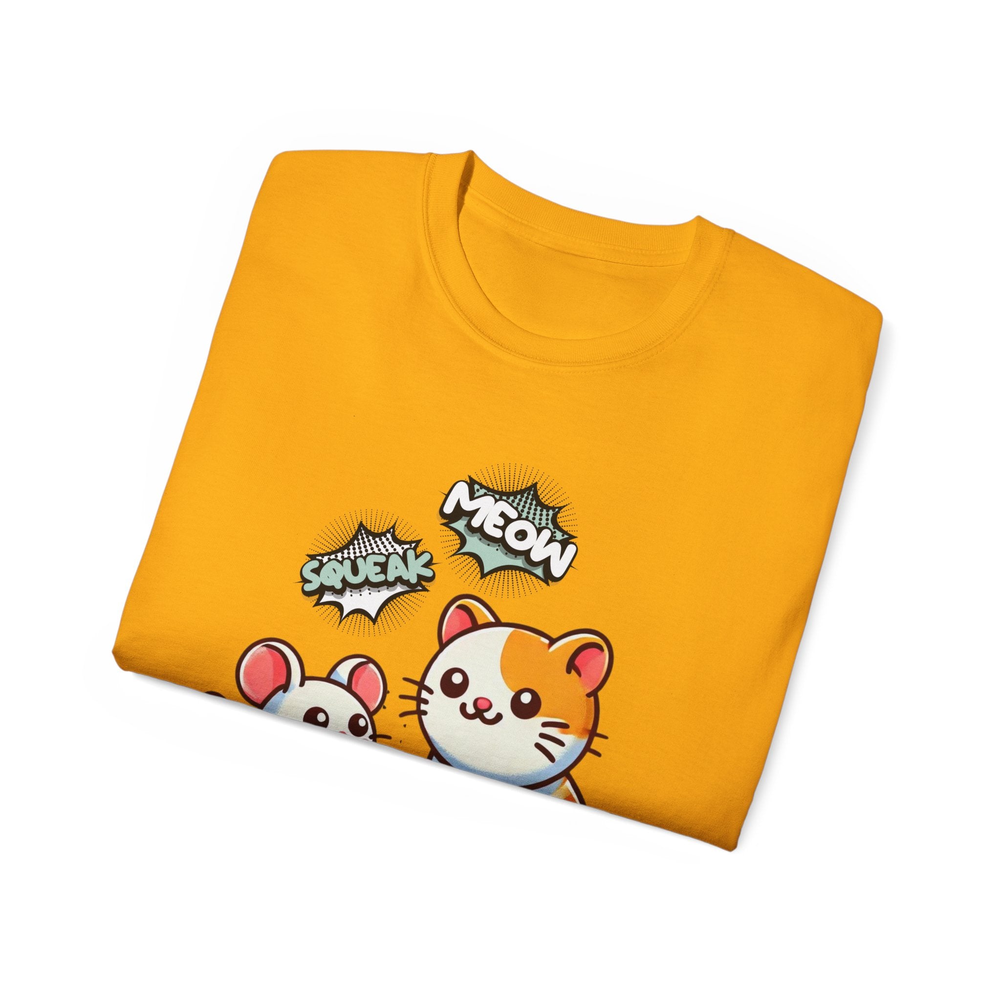 Cute Cat & Mouse Graphic Tee – 'Meow' Cartoon Pet Shirt
