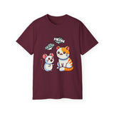 Cute Cat & Mouse Graphic Tee – 'Meow' Cartoon Pet Shirt