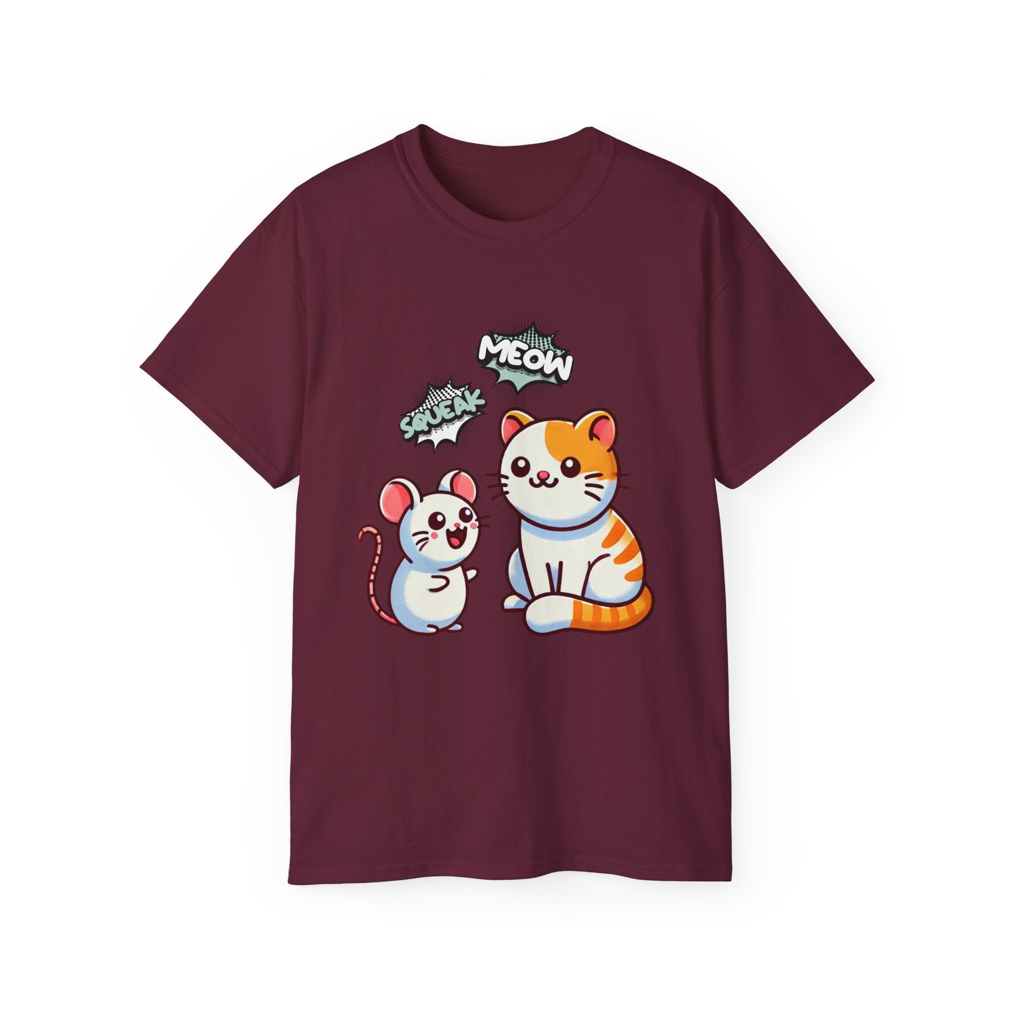 Cute Cat & Mouse Graphic Tee – 'Meow' Cartoon Pet Shirt