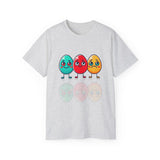 Cute Easter Egg Trio T‑Shirt — Colorful Cartoon Eggs Graphic Tee