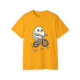 Eggs-cuse Me! Cute Egg Riding Bike T-Shirt — Funny Bicycle Cartoon Tee