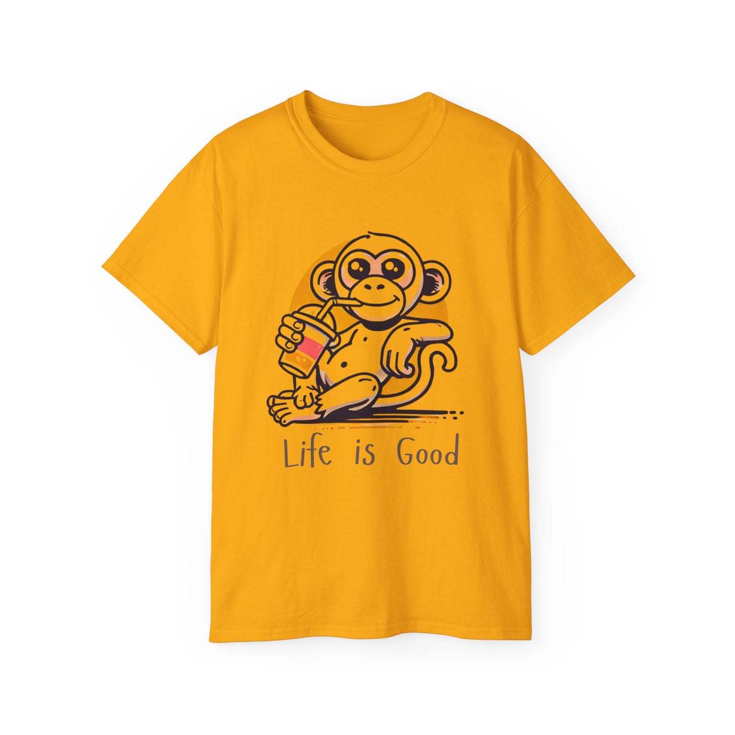 Life Is Good Monkey T‑Shirt — Cute Cartoon Monkey Drinking Juice Tee