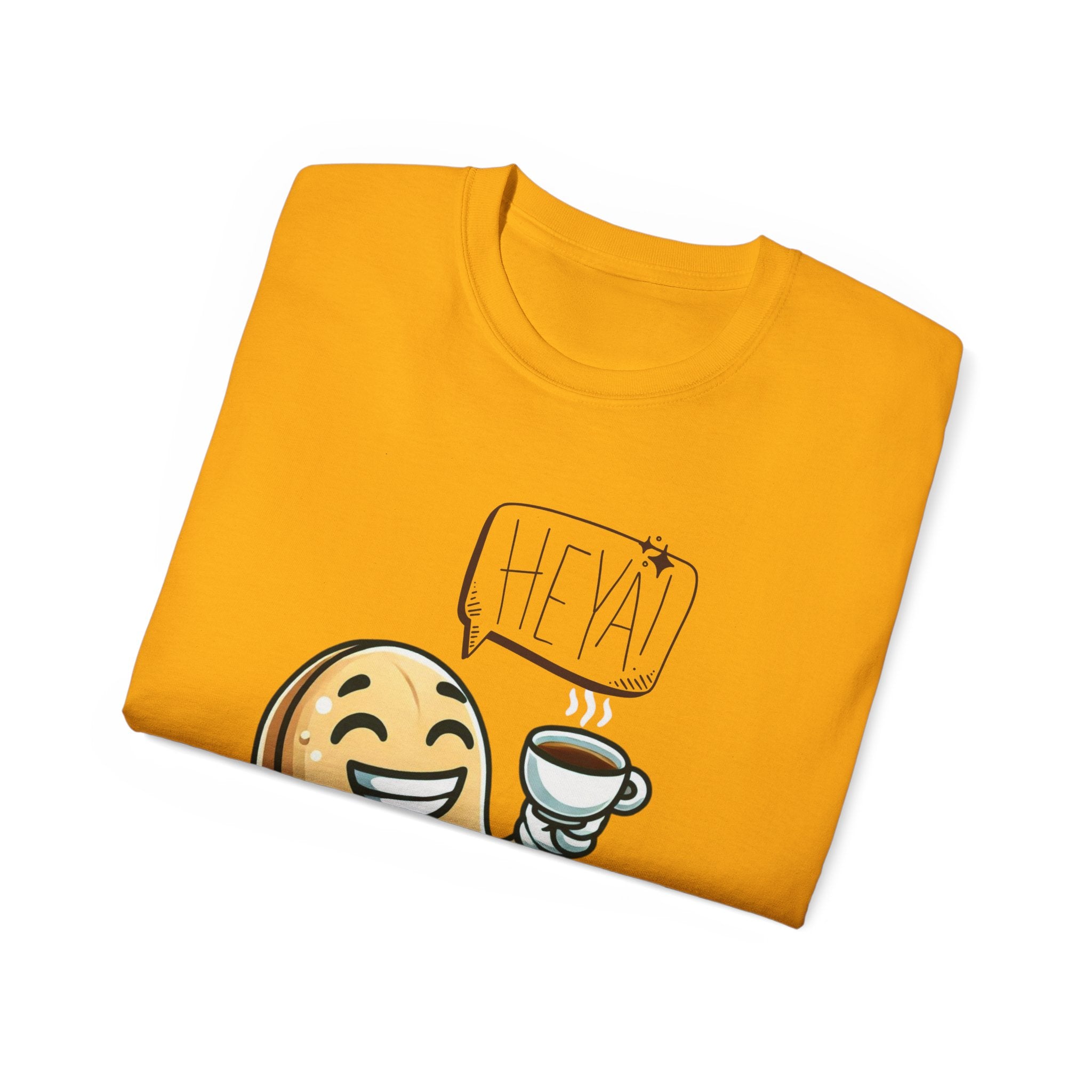 Coffee Bean Cartoon Tee — "Heya!" Cute Morning Coffee T-Shirt