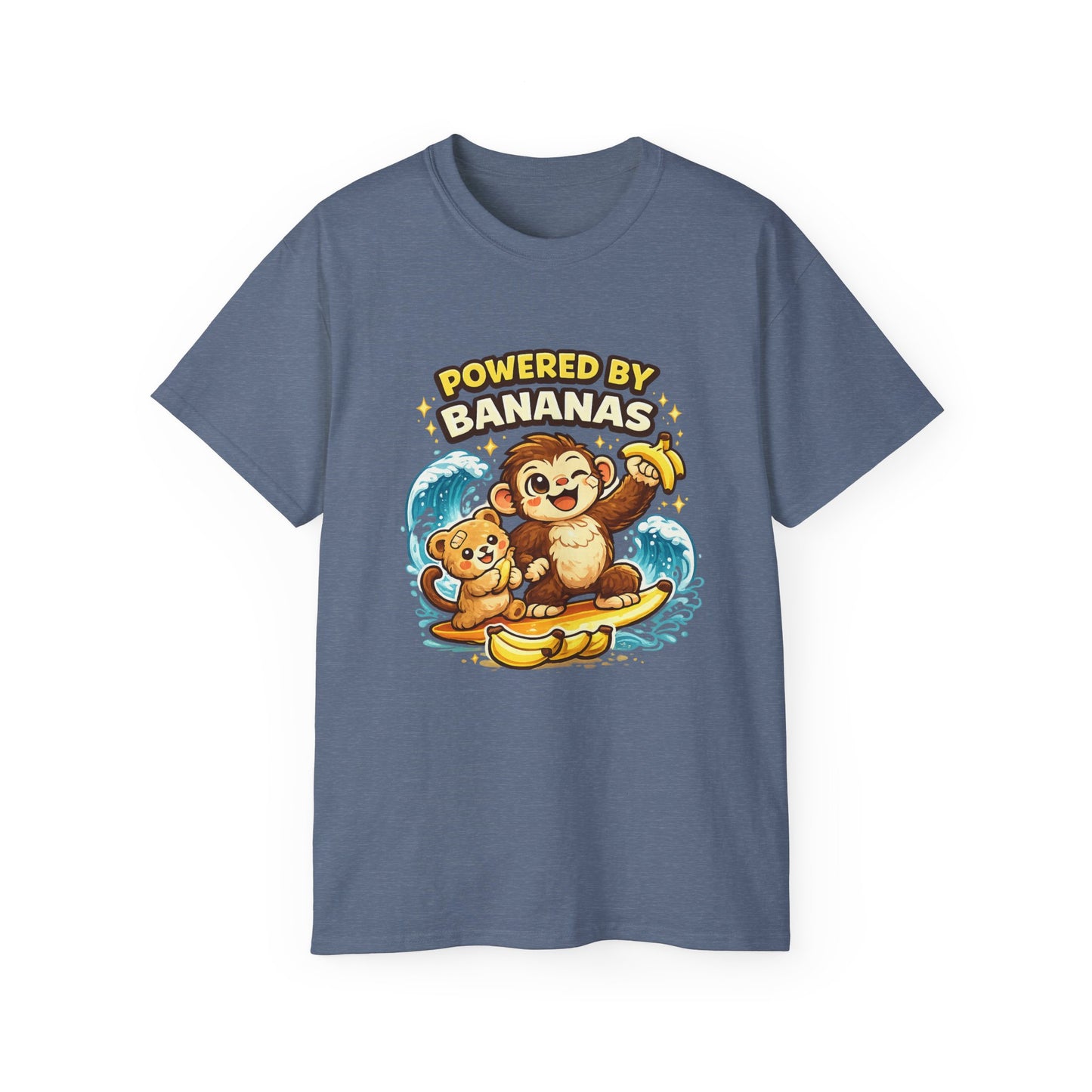 Powered by Bananas Tee — Cute Surfing Monkey & Teddy Graphic Shirt