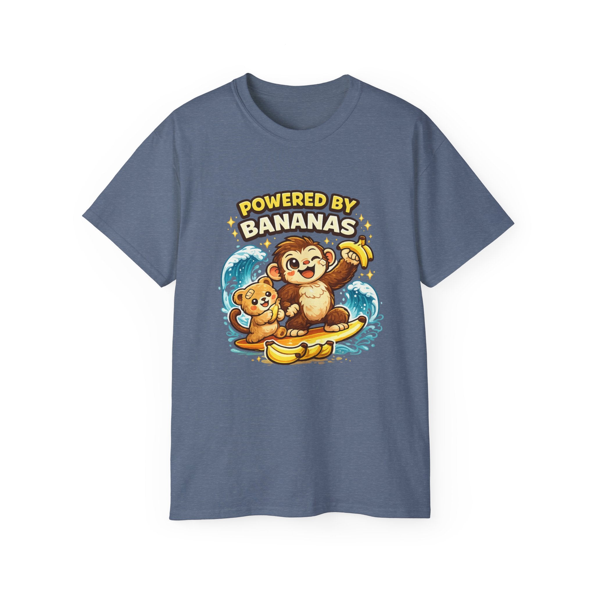 Powered by Bananas Tee — Cute Surfing Monkey & Teddy Graphic Shirt