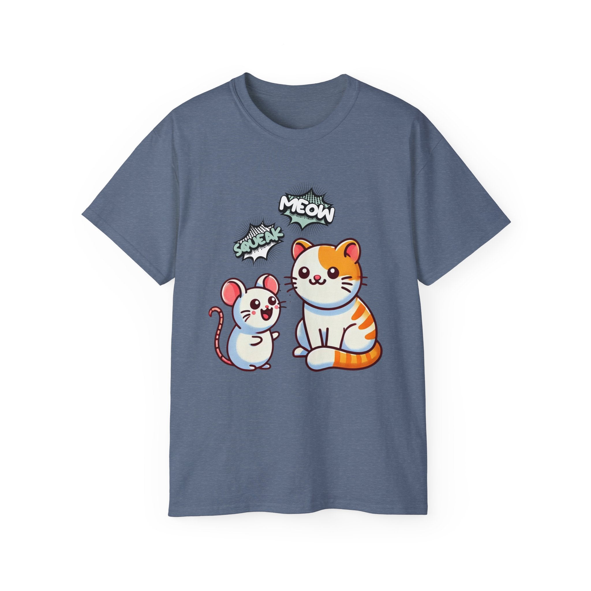 Cute Cat & Mouse Graphic Tee – 'Meow' Cartoon Pet Shirt