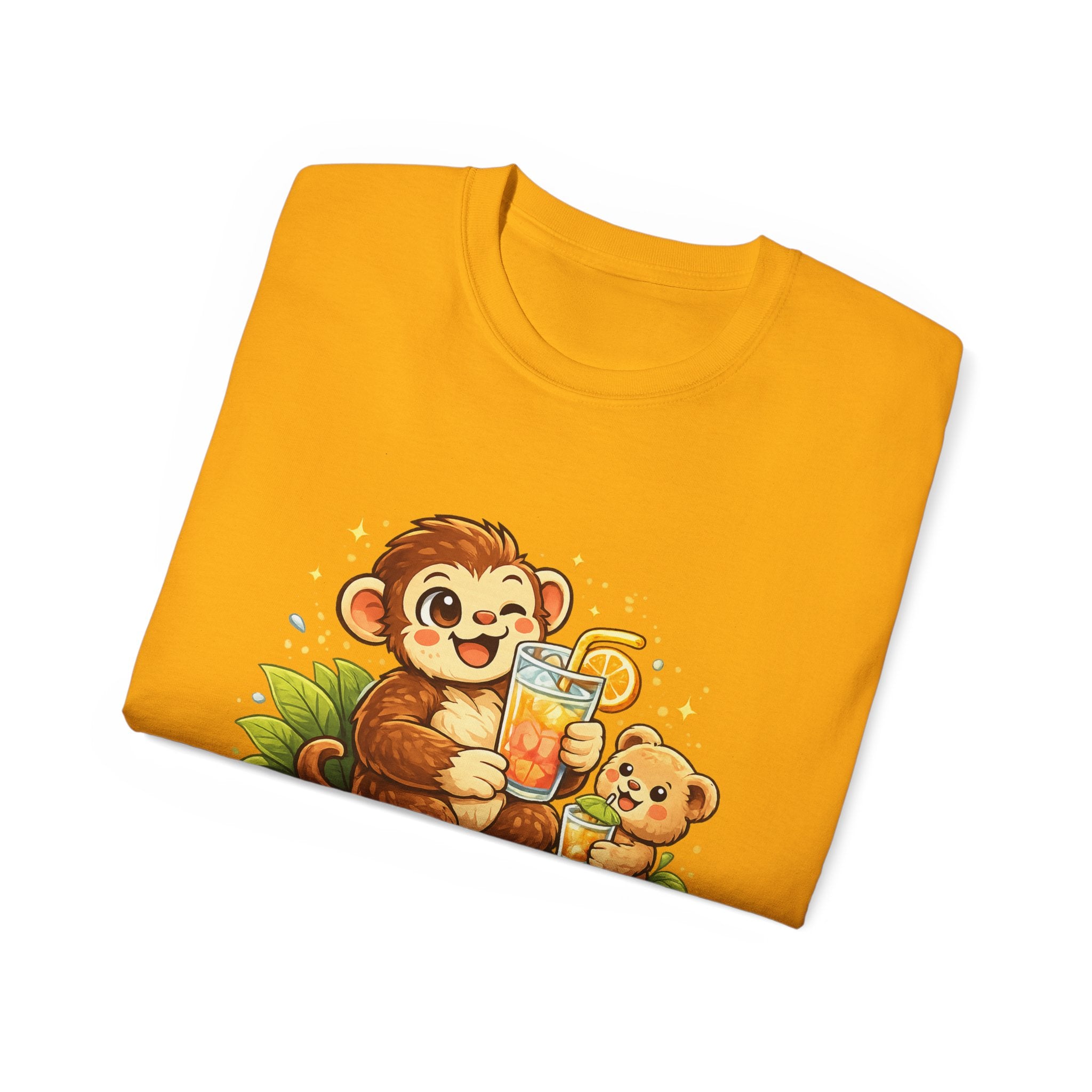 Cute Monkey & Puppy Orange Juice T-Shirt — Playful Tropical Animal Tee