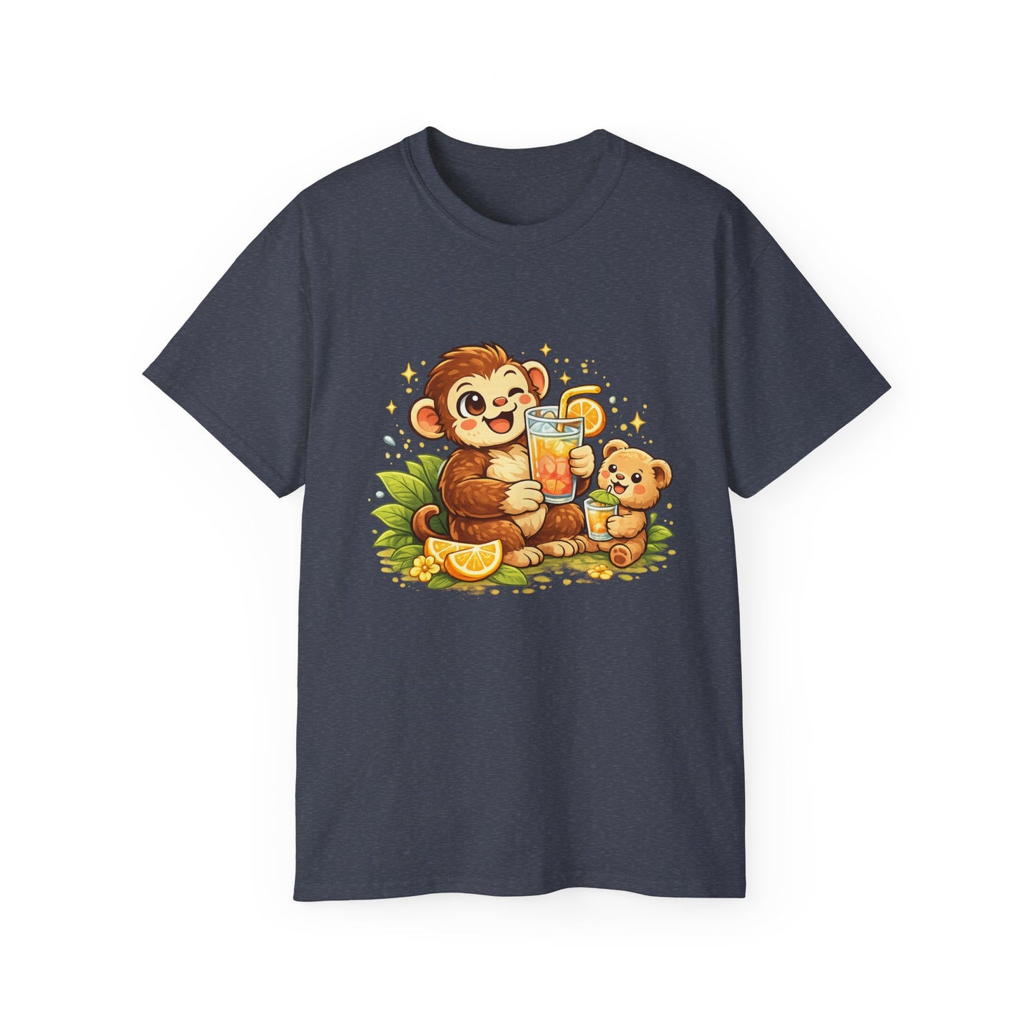 Cute Monkey & Puppy Orange Juice T-Shirt — Playful Tropical Animal Tee