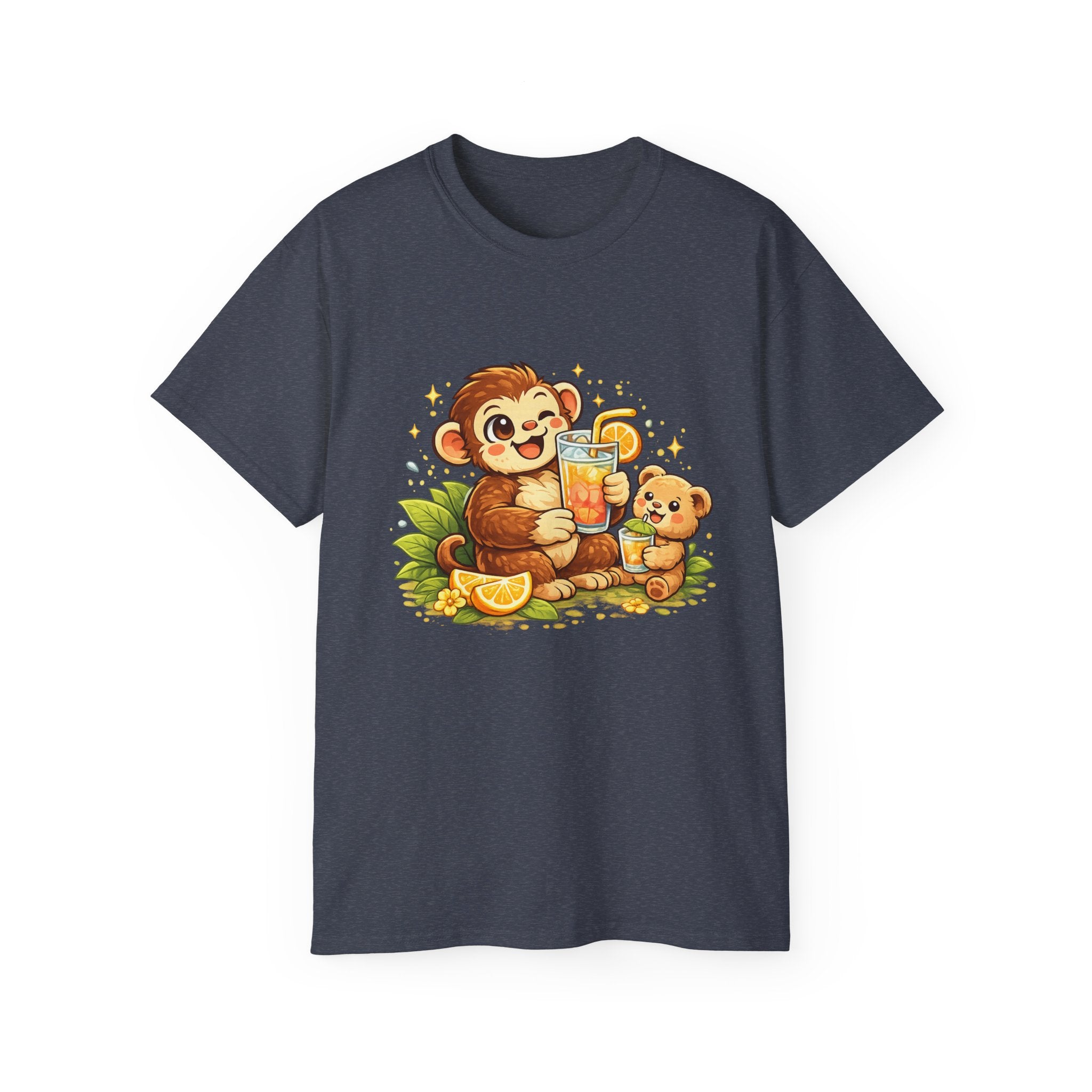 Cute Monkey & Puppy Orange Juice T-Shirt — Playful Tropical Animal Tee