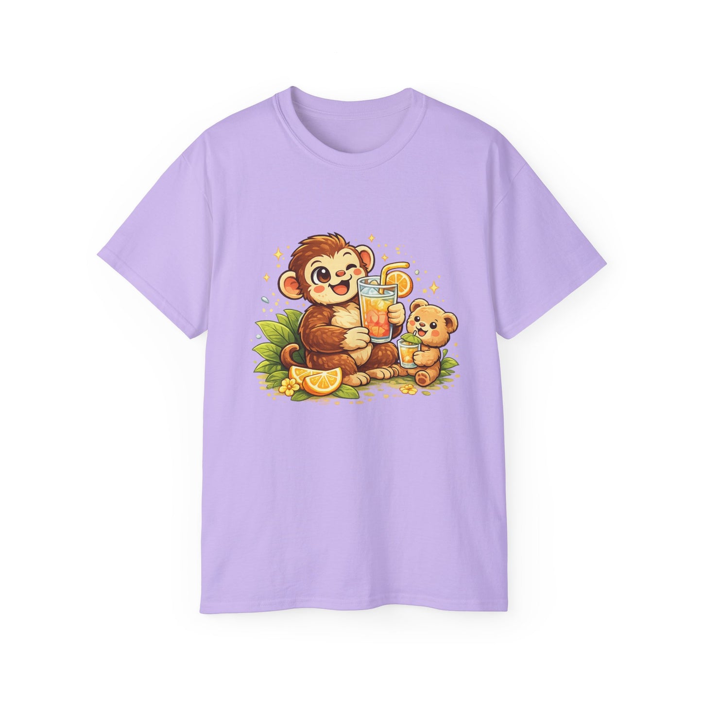 Cute Monkey & Puppy Orange Juice T-Shirt — Playful Tropical Animal Tee