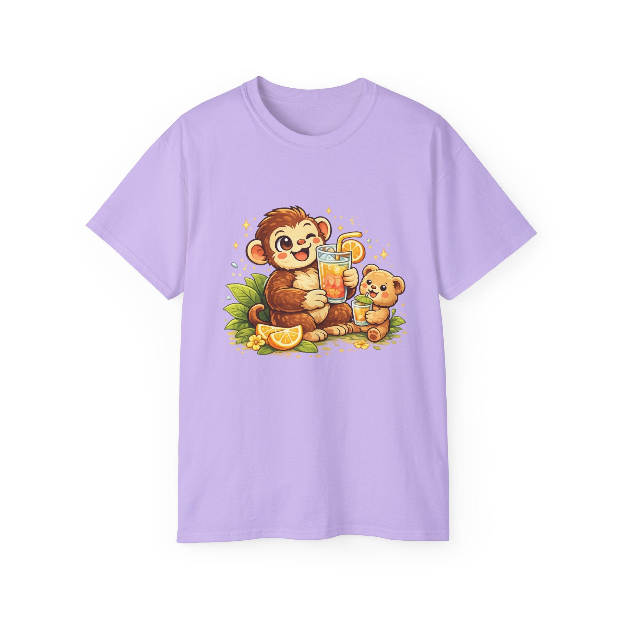 Cute Monkey & Puppy Orange Juice T-Shirt — Playful Tropical Animal Tee
