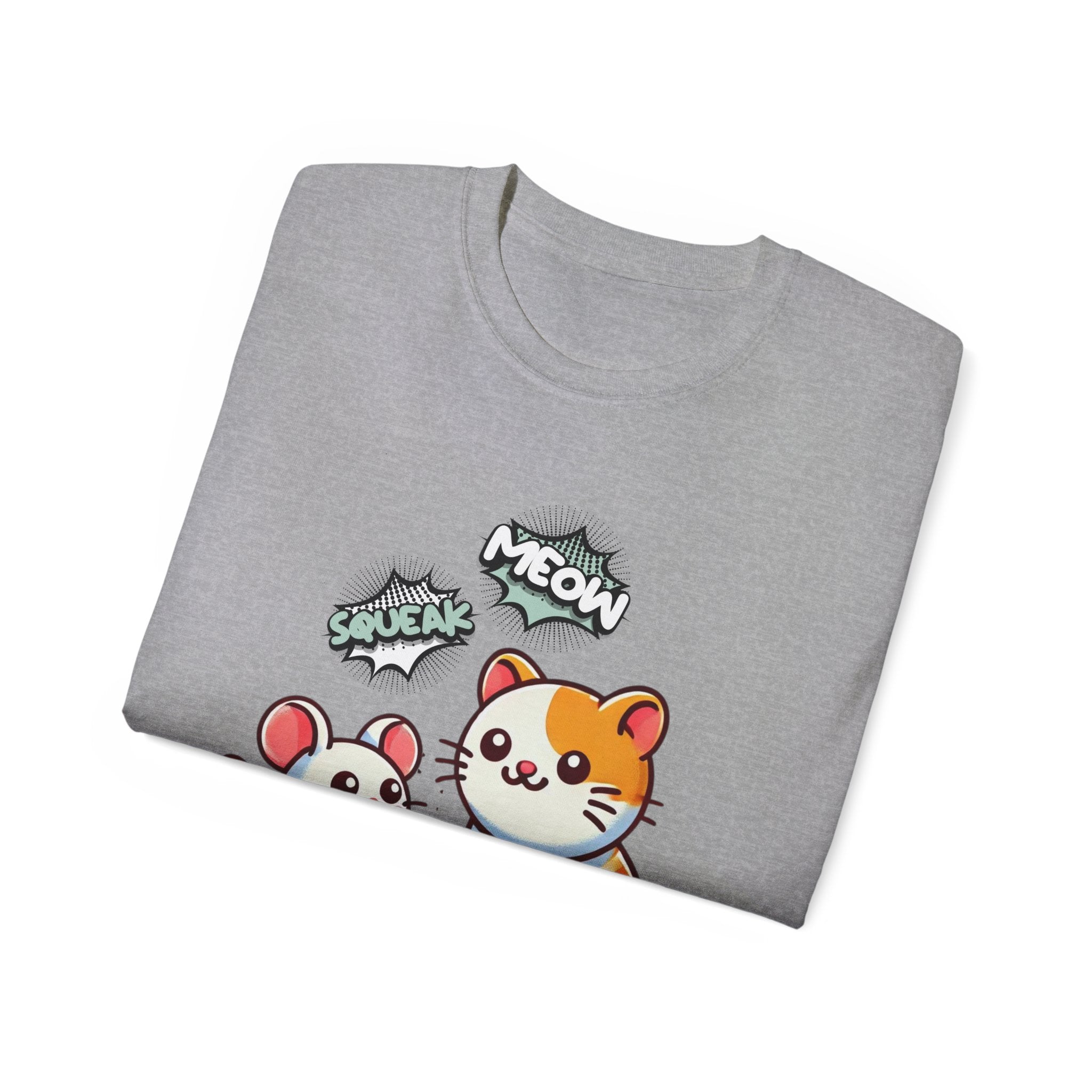 Cute Cat & Mouse Graphic Tee – 'Meow' Cartoon Pet Shirt