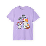 Cute Cat & Mouse Graphic Tee – 'Meow' Cartoon Pet Shirt
