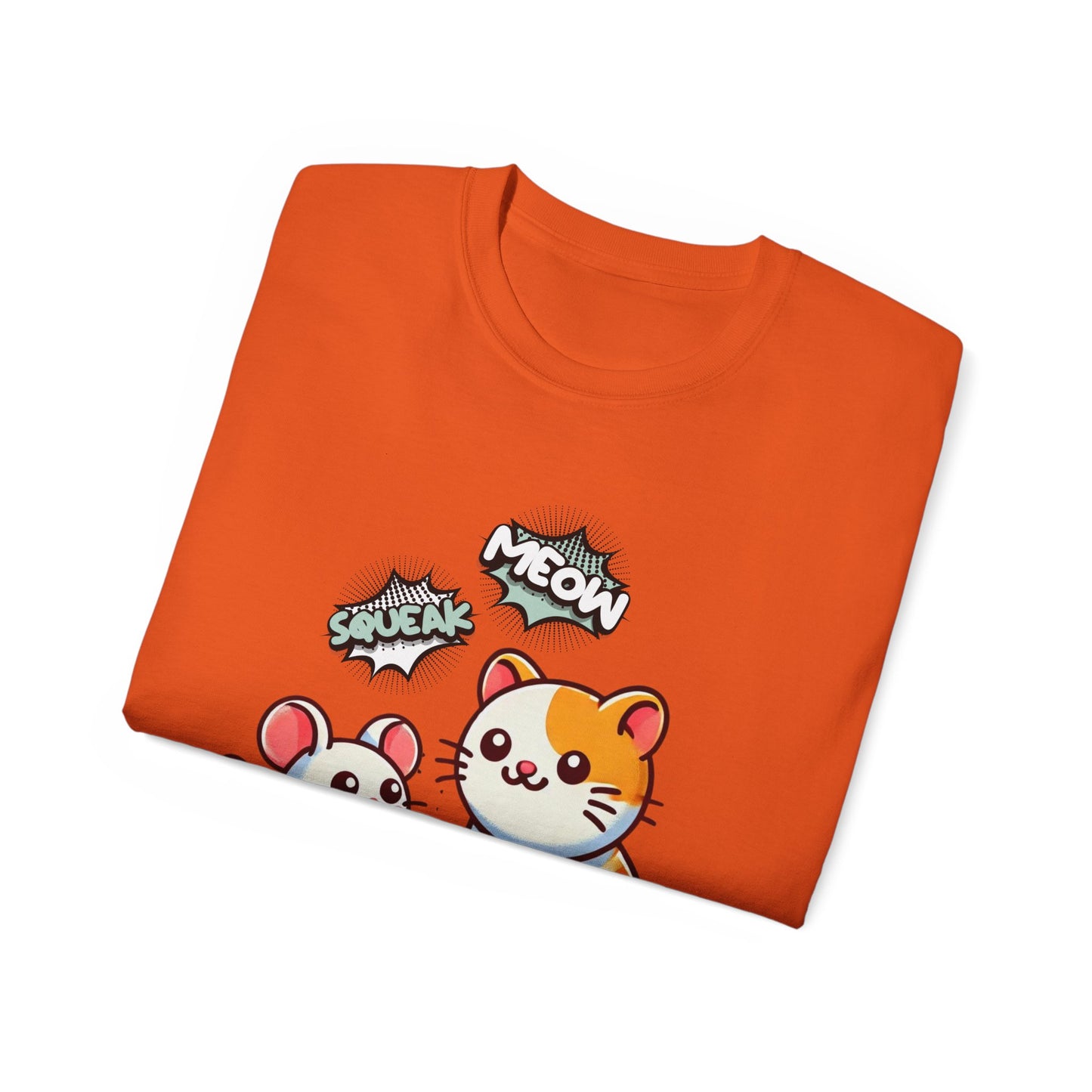 Cute Cat & Mouse Graphic Tee – 'Meow' Cartoon Pet Shirt